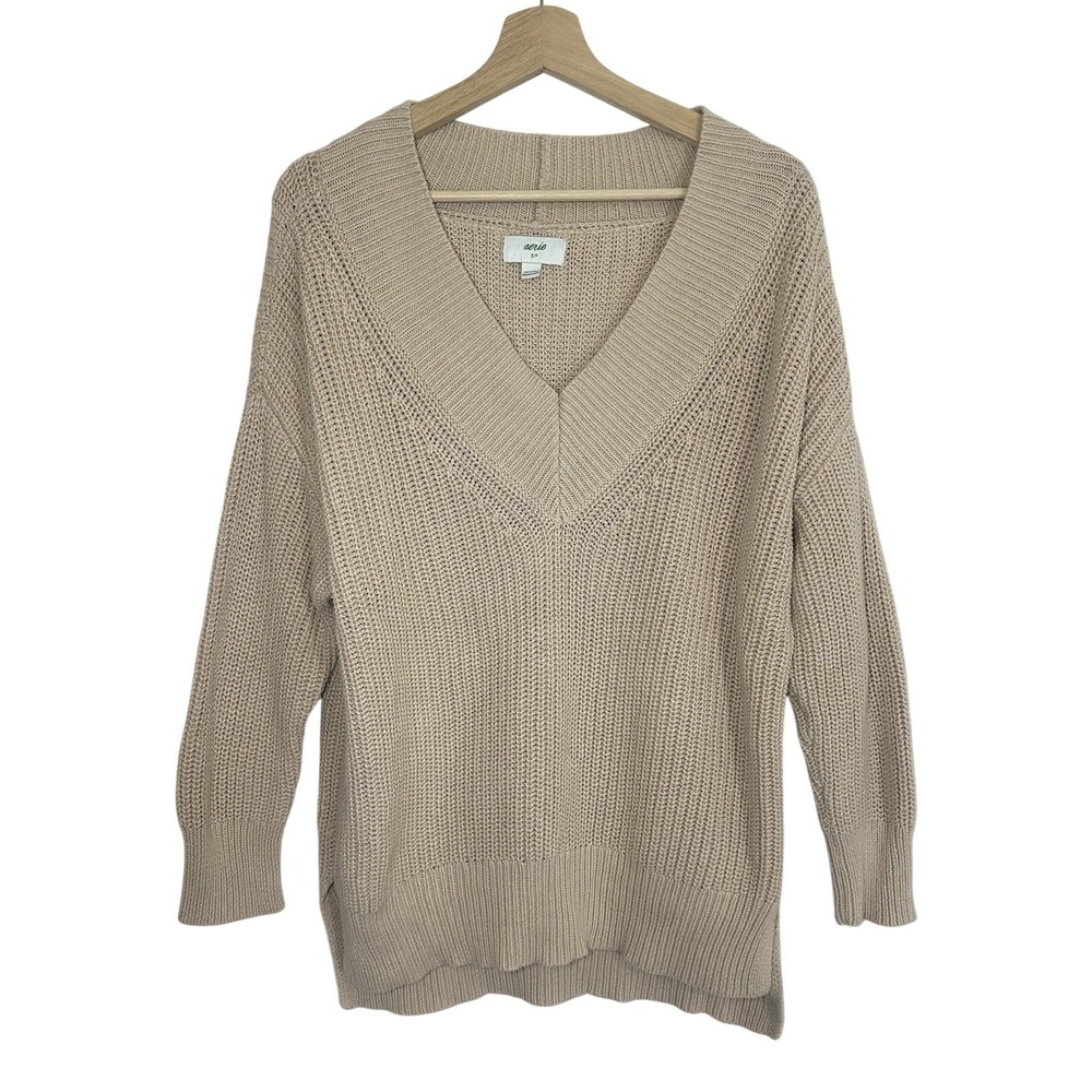 Aerie SMALL Oversized Chunky Sweater V-Neck Beige Fisherman Ribbed Minimalist